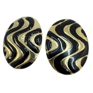 Vintage 80s Black Gold Enamel Statement Earrings Abstract Swirl Retro Bold